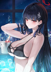 Rule 34 | 1girl, alternate costume, arm up, bare arms, bare shoulders, bikini, black bikini, black hair, blue archive, blush, breasts, bucket, cleavage, closed mouth, collarbone, commentary, funii, hair between eyes, hair lift, hair ornament, hairclip, halo, halterneck, hand in own hair, hands in hair, highres, indoors, large breasts, long hair, looking at viewer, multi-strapped bikini, navel, night, night sky, o-ring, o-ring bikini, o-ring top, partially submerged, pool, red eyes, rio (blue archive), sky, solo, star (sky), string bikini, swimsuit, symbol-only commentary, underwater, upper body, water, wet