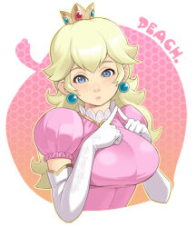 Rule 34 | 1girl, bad id, bad pixiv id, blonde hair, blue eyes, blush, breasts, crown, dress, elbow gloves, gloves, jewelry, large breasts, long hair, maou alba, mario (series), nintendo, pink dress, princess peach, solo