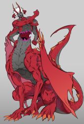 Rule 34 | 1boy, arm at side, chest mouth, clenched hands, colored sclera, colored skin, curled horns, dragon boy, dragon wings, extra arms, extra mouth, full body, grey background, grey skin, hand on own hip, hand on own arm, hands up, highres, horns, korean commentary, looking at viewer, male focus, monster boy, multicolored skin, multiple horns, now drawing, open mouth, original, outstretched arm, red sclera, red skin, red wings, sharp teeth, short eyebrows, short hair, simple background, smile, solo, squatting, stretching, taur, teeth, white hair, wings, yellow eyes