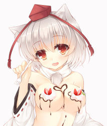 Rule 34 | 1girl, animal ears, bad id, bad pixiv id, blush, breasts, chocolate, chocolate on body, chocolate on breasts, cleavage, collar, detached sleeves, dripping, female focus, food, food on body, fork, fruit, hat, heart, holding, inubashiri momiji, large breasts, long sleeves, looking at viewer, miko (royal milk), nude, nyotaimori, red eyes, short hair, simple background, smile, solo, strawberry, tokin hat, topless frame, touhou, upper body, wavy mouth, whipped cream, white background, white hair, wide sleeves, wolf ears