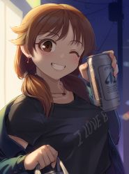 Rule 34 | 1girl, bag, beer can, black shirt, blush, brown eyes, brown hair, can, collarbone, crop top, crop top overhang, drink can, earrings, fingernails, from side, grin, head tilt, holding, idolmaster, idolmaster cinderella girls, jacket, jewelry, kamille (vcx68), katagiri sanae, looking at viewer, necklace, one eye closed, open clothes, open jacket, shirt, shopping bag, short twintails, smile, solo, t-shirt, twintails, upper body, utility pole