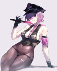 Rule 34 | 1girl, absurdres, arm support, bare shoulders, black gloves, black hat, black panties, blush, breasts, clothes writing, commentary request, cosplay, fate/grand order, fate (series), fingerless gloves, gloves, hair over one eye, hat, highres, holding, looking at viewer, m.tokotsu, mash kyrielight, necktie, panties, peaked cap, pink necktie, sesshouin kiara (cosplay), sesshouin kiara (swimsuit mooncancer) (cosplay), sessyoin kiara, sessyoin kiara (swimsuit mooncancer), sessyoin kiara (swimsuit mooncancer) (second ascension), short hair, smile, solo, thighs, torn clothes, torn legwear, underwear