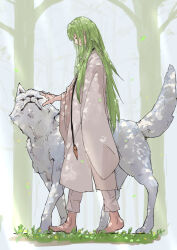 Rule 34 | 1other, absurdres, androgynous, animal, barefoot, closed eyes, closed mouth, commentary request, enkidu (fate), fate/strange fake, fate (series), from side, green hair, highres, kdm (ke dama), long hair, pants, profile, robe, sleeves past fingers, sleeves past wrists, smile, toes, walking, white pants, white robe, white wolf, wide sleeves, wolf, wolf (fate)