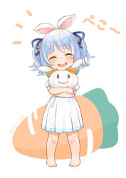 Rule 34 | absurdres, artist name, blue hair, blue ribbon, carrot hair ornament, carrying, child, commentary request, dot nose, dress, feet, food-themed hair ornament, forehead, frilled dress, frills, hair ornament, happy, highres, holding, hololive, hug, legs apart, null suke, open mouth, parted bangs, rabbit girl, ribbon, short hair, simple background, smile, stuffed animal, stuffed rabbit, stuffed toy, teeth, thick eyebrows, toes, two side up, upper teeth only, usada pekora, usada pekora (casual), virtual youtuber, white background, white dress