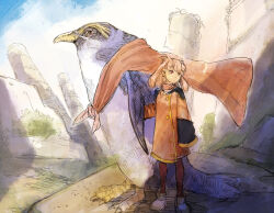Rule 34 | 1girl, animal, bird, buttons, cape, castle, expressionless, highres, holding hands, illustica phantom, jacket, medium hair, mixed-language commentary, original, outdoors, oversized animal, pantyhose, penguin, red cape, red eyes, red jacket, red pantyhose, rockhopper penguin, sketch, sleeves past fingers, sleeves past wrists, white footwear
