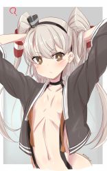 Rule 34 | 10s, 1girl, ?, adjusting hair, amatsukaze (kancolle), blush, brown eyes, choker, eyebrows, hair ornament, hair tubes, hand in own hair, kantai collection, long hair, looking at viewer, lzd, navel, open clothes, silver hair, solo, stomach, twintails, twitter username, two side up, upper body