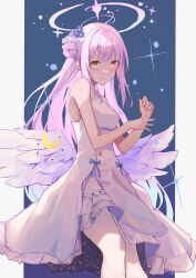 Rule 34 | 1girl, absurdres, bare shoulders, blue archive, blue background, blush, breasts, closed mouth, commentary request, dress, feathered wings, feet out of frame, flower, frilled dress, frills, hair bun, hair flower, hair ornament, halo, highres, lizard0221, long hair, looking at viewer, low wings, medium breasts, mika (blue archive), pantyhose, pink hair, pink halo, single side bun, sleeveless, sleeveless dress, smile, solo, standing, white dress, white pantyhose, white wings, wing ornament, wings, yellow eyes