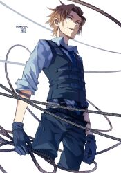 Rule 34 | 1boy, arms at sides, blue eyes, blue necktie, blue pants, blue shirt, collared shirt, cropped legs, earphones, hair slicked back, highres, holding, holding rope, jin yuuichi, looking at viewer, male focus, morita yuu, necktie, pants, parted lips, rope, shirt, short hair, sideways glance, simple background, sleeves rolled up, smirk, solo, suspenders, vest, white background, world trigger