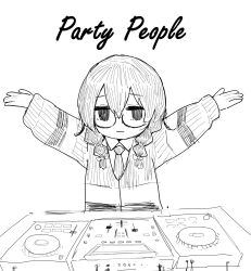 Rule 34 | 1girl, :|, black-framed eyewear, blazer, braid, cevio, closed mouth, collared shirt, english text, flimflam, glasses, hair between eyes, hanakuma chifuyu, hands up, highres, jacket, long hair, long sleeves, monochrome, necktie, phonograph, shirt, side braids, simple background, sketch, solo, table, turntable, white background