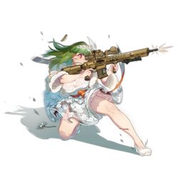 Rule 34 | 1girl, aiming, alternate hair length, alternate hairstyle, breasts, choker, collarbone, covered mouth, damaged, dress, earrings, ejection, finger on trigger, floating hair, flower, full body, g28 (girls&#039; frontline), g28 (moonlight and emerald) (girls&#039; frontline), girls&#039; frontline, glowing, glowing eye, green hair, gun, h&amp;k g28, hair ornament, headdress, high heels, holding, holding gun, holding weapon, jacket, jewelry, large breasts, layered dress, looking afar, medium hair, mole, mole on breast, necklace, official alternate costume, official art, on one knee, pumps, sash, see-through, shell casing, shrug (clothing), smile, solo, tearing up, torn clothes, transparent background, ushi (newrein), weapon, white dress, white footwear, white jacket, wide sleeves, wind