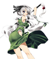 Rule 34 | 1girl, alternate costume, ass, blue eyes, delusion overdose, detached sleeves, female focus, from behind, hairband, hip vent, japanese clothes, katana, konpaku youmu, matsuno canel, ribbon, short hair, silver hair, skirt, solo, sword, touhou, weapon
