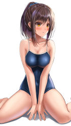 Rule 34 | 1girl, blue one-piece swimsuit, blush, breasts, brown hair, collarbone, competition school swimsuit, hair between eyes, hair tie, highres, large breasts, mole, mole on breast, navel, one-piece swimsuit, original, parted bangs, ponytail, school swimsuit, simple background, sitting, solo, swimsuit, thighs, wariza, white background, yellow eyes, yukemuriganmo