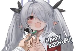 Rule 34 | 1girl, 1other, armband, blue archive, blush, collared shirt, dark-skinned female, dark skin, dokomon, english text, fang, grey hair, hair over one eye, halo, happy birthday, highres, iori (blue archive), long hair, long sleeves, looking at viewer, open mouth, pointy ears, pov, pov hands, purple halo, red armband, red eyes, shirt, simple background, smile, solo focus, spoon, twintails, upper body, white background, white shirt