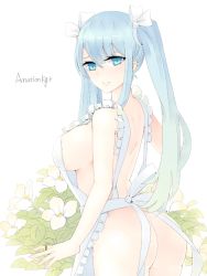 Rule 34 | 1girl, :d, anationkgt, apron, aqua eyes, ass, bare arms, bare back, bare shoulders, bottomless, breasts, commentary request, cowboy shot, eyelashes, flower, frilled apron, frills, hair ribbon, hatsune miku, jewelry, large breasts, lips, long hair, looking at viewer, looking back, naked apron, no bra, no panties, open mouth, ornate ring, parted bangs, plant, ribbon, ring, sideboob, signature, simple background, smile, solo, teeth, twintails, vocaloid, wedding ring, white apron, white background, white flower, white ribbon