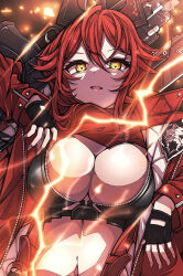 Rule 34 | 1girl, absurdres, anti-materiel rifle, black gloves, black jacket, breasts, bullpup, cleavage, commentary, cropped jacket, fingerless gloves, gloves, goddess of victory: nikke, gun, hair between eyes, highres, horns, jacket, kakuzatou (cubesugar03196), large breasts, leather, leather jacket, long hair, long sleeves, looking at viewer, mechanical horns, midriff, navel, open clothes, open jacket, open mouth, over shoulder, red hair, red hood (nikke), red jacket, red scarf, rifle, scarf, sidelocks, sniper rifle, solo, unzipped, upper body, weapon, weapon over shoulder, yellow eyes, zipper