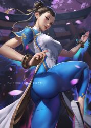 Rule 34 | 1girl, ass, blue leggings, bracelet, breasts, brown eyes, brown hair, capcom, cherry blossoms, china dress, chinese clothes, chun-li, commentary, cowboy shot, double bun, dress, earrings, eyeliner, falling petals, fighting stance, hair bun, hair ribbon, high collar, highres, jewelry, knee up, leggings, lips, looking at viewer, makeup, martial arts, medium breasts, nibelart, outdoors, patreon username, pearl earrings, pelvic curtain, petals, red lips, ribbon, short sleeves, signature, solo, standing, standing on one leg, street fighter, street fighter 6, swept bangs, yellow ribbon