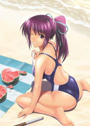 Rule 34 | 1girl, arm support, ass, back, bandages, barefoot, beach, beach towel, blanket, blindfold, blue one-piece swimsuit, breasts, competition swimsuit, day, feet, food, from above, from side, fruit, grin, hair ribbon, high ponytail, holding, ishigaki takashi, large breasts, leaning forward, long hair, looking at viewer, looking back, ocean, on ground, one-piece swimsuit, one-piece tan, one eye closed, outdoors, parted bangs, ponytail, purple eyes, purple hair, ribbon, shiny clothes, sidelocks, sitting, smile, soles, solo, spread legs, stick, striped, suikawari, swimsuit, tan, tanline, toes, towel, wariza, water, watermelon, wide hips