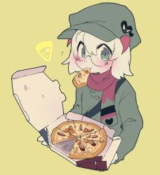 Rule 34 | 1boy, black scarf, blush, box, cropped torso, deltarune, food, furry, furry male, goat boy, green eyes, green hat, green scarf, green shirt, hat, heart, highres, holding, holding box, horns, komugiko (bitte komu), long sleeves, looking at viewer, multicolored clothes, multicolored scarf, notice lines, pink horns, pink scarf, pizza, pizza box, pizza slice, ralsei, scarf, shirt, simple background, solo, upper body, white fur, yellow background