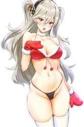 Rule 34 | 1girl, alternate costume, alternate hairstyle, athenawyrm, black hairband, black thighhighs, breasts, cleavage, corrin (female) (fire emblem), corrin (fire emblem), fire emblem, fire emblem fates, fur trim, hairband, highres, long hair, mittens, navel, nintendo, open mouth, pointy ears, red eyes, red mittens, simple background, solo, thighhighs, twintails, white background, white hair