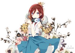 Rule 34 | 1girl, absurdres, aiqing, belt, blue eyes, blue skirt, blush, breasts, brown hair, clothing cutout, commentary request, dated, fingers together, flower, go-toubun no hanayome, hair between eyes, headphones, headphones around neck, highres, long hair, looking at viewer, looking to the side, medium breasts, medium hair, nakano miku, own hands together, red flower, shirt, shoulder cutout, skirt, solo, standing, white belt, white flower, white shirt, yellow flower