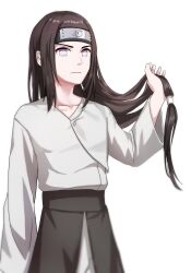 Rule 34 | 1boy, absurdres, brown hair, closed mouth, forehead protector, hand in own hair, highres, holding, holding own hair, hyuuga neji, ille (xcpa7325), konohagakure symbol, long hair, long sleeves, low-tied long hair, male focus, naruto (series), naruto shippuuden, purple eyes, shirt, solo, white background, white shirt