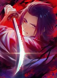 Rule 34 | 1boy, black hair, black robe, bleeding, blood, blood from mouth, bloody tears, chipped sword, flower, glint, hair slicked back, highres, himari ( h i8), holding, holding sword, holding weapon, jigokuraku, katana, looking at viewer, pointing weapon, red theme, robe, short hair, solo, spider lily, sword, weapon, yamada asaemon shugen