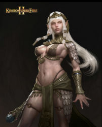 Rule 34 | 1girl, blunt bangs, breasts, breasts apart, cleavage, covered erect nipples, elf, feet out of frame, isabella (kuf), kingdom under fire, kingdom under fire 2, long hair, medium breasts, midriff, navel, parted lips, pointy ears, solo, staff, twintails, white hair