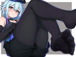 Rule 34 | 1boy, arknights, black gloves, black pantyhose, black shorts, black tank top, blue hair, blue headwear, blush, brown eyes, closed mouth, collar, elbow gloves, feet, gloves, gradient hair, highres, infection monitor (arknights), legs up, long hair, looking at viewer, mizuki (arknights), multicolored hair, no shoes, pantyhose, pantyhose under shorts, purple hair, shorts, sitting, smile, soles, solo, tank top, tarosu, toes
