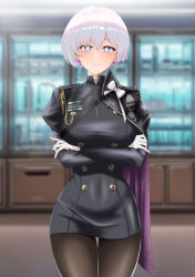 Rule 34 | + +, 1girl, absurdres, arms under breasts, black cape, black dress, black pantyhose, blue eyes, blurry, breasts, cape, closed mouth, colored inner hair, covered navel, cowboy shot, depth of field, dress, earrings, gloves, goddess of victory: nikke, highres, indoors, jewelry, light blush, liliweiss (nikke), looking at viewer, medium breasts, military uniform, multicolored hair, pantyhose, pink hair, purple cape, ramiki (ramesgoag), short hair, skin tight, smile, solo, star-shaped pupils, star (symbol), symbol-shaped pupils, two-tone cape, uniform, white gloves, white hair