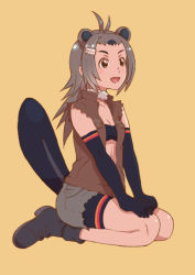 Rule 34 | 1girl, :d, american beaver (kemono friends), animal ears, antenna hair, beaver ears, beaver tail, bike shorts, bike shorts under shorts, bikini, bikini top only, black bikini, black footwear, black gloves, boots, breasts, brown eyes, brown vest, cleavage, full body, fur collar, gloves, grey hair, grey shorts, hair ornament, hairclip, kemono friends, long hair, open clothes, open mouth, open vest, orange background, shorts, sitting, small breasts, smile, solo, swimsuit, tail, tail raised, tanuki koubou, torn clothes, torn shorts, v arms, vest, wariza