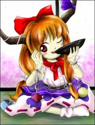 Rule 34 | 1girl, ;d, bow, bowtie, buttons, chain, cube, cup, hair bow, hands up, holding, holding cup, horn ornament, horn ribbon, horns, ibuki suika, long hair, low-tied long hair, lowres, medinki, official style, one eye closed, oni, open mouth, orange eyes, orange hair, orb, purple ribbon, pyramid (structure), red bow, red bowtie, ribbon, ribbon-trimmed skirt, ribbon trim, sakazuki, shirt, shouji, sitting, skirt, sliding doors, smile, socks, solo, tatami, teeth, touhou, upper teeth only, white shirt, white socks, zun (style)