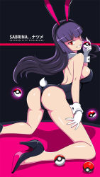 Rule 34 | 1girl, animal ears, bare legs, breasts, character name, creatures (company), detached collar, english text, fake animal ears, game freak, gloves, gym leader, high heels, highres, japanese text, kneeling, large breasts, leotard, long hair, looking at viewer, looking back, nintendo, playboy bunny, poke ball, pokemon, pokemon rgby, purple hair, rabbit ears, rabbit girl, rabbit tail, red eyes, sabrina (pokemon), shiny skin, sideboob, simple background, sitting, smile, solo, tail, text focus, vivivoovoo, white gloves, wrist cuffs