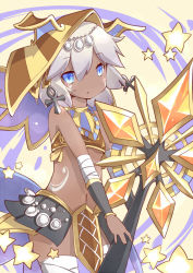 Rule 34 | 1girl, ankh, bare shoulders, blue eyes, dark skin, egyptian, egyptian clothes, giwa, headdress, jewelry, lots of jewelry, puzzle &amp; dragons, silver hair, sopdet (p&amp;d), staff, star (symbol), tattoo, thighhighs