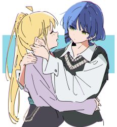 Rule 34 | 2girls, ahoge, asymmetrical hair, atenaba, belt, belt chain, black skirt, black sweater vest, blonde hair, blue background, blue hair, blush, bocchi the rock!, chromatic aberration, closed eyes, closed mouth, collared shirt, earrings, hair ornament, hairclip, hand on another&#039;s neck, hand on another&#039;s shoulder, hand on another&#039;s waist, highres, hug, ijichi nijika, jewelry, long hair, long sleeves, looking at another, multiple girls, open mouth, purple shirt, shirt, short hair, side ponytail, skirt, sleeves past wrists, stud earrings, sweater vest, two-tone background, white background, white shirt, yamada ryo, yellow eyes, yuri