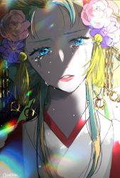 Rule 34 | 1girl, akmn, blue eyes, crying, crying with eyes open, dripping, eyelashes, flower, furrowed brow, green eyes, hair flower, hair ornament, hair stick, head tilt, highres, japanese clothes, kimono, kouzuki hiyori, lips, long hair, looking at viewer, one piece, parted lips, red lips, shaded face, solo, tears, twitter username, upper body