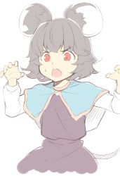 Rule 34 | 1girl, animal ears, black skirt, black vest, capelet, cropped legs, grey hair, hands up, kaiza (rider000), long sleeves, mouse ears, mouse tail, nazrin, open mouth, red eyes, shirt, short hair, simple background, skirt, solo, sweatdrop, tail, touhou, upper body, vest, white background, white shirt