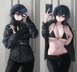 Rule 34 | 1girl, absurdres, bara (03 bara ), bikini, black bikini, black hair, black jacket, black pants, blue eyes, blush, breasts, cellphone, cigarette, cleavage, closed mouth, collarbone, commentary, highres, holding, holding cigarette, iphone, jacket, large breasts, long sleeves, multiple views, open clothes, open jacket, original, pants, parted lips, phone, smartphone, solo, swimsuit, symbol-only commentary, underboob, yokoyama ishimi