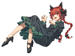Rule 34 | 1girl, :d, animal ear fluff, animal ears, black bow, black dress, black footwear, bow, braid, breasts, cat ears, collar, collared dress, commentary request, dress, fang, frilled collar, frilled dress, frilled sleeves, frills, green dress, hair bow, hands up, high heels, highres, juliet sleeves, kaenbyou rin, light blush, long hair, long sleeves, looking at viewer, looking to the side, lying, no tail, on back, open mouth, paw pose, puffy sleeves, red eyes, red hair, simple background, skin fang, small breasts, smile, solo, touhou, twin braids, two-tone dress, white background, yanyan (shinken gomi)