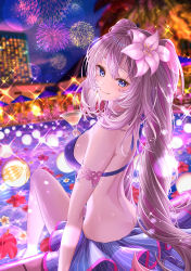Rule 34 | 1girl, absurdres, bare shoulders, bikini, blue bikini, blue eyes, blush, breasts, cocktail glass, cup, drinking glass, fate/grand order, fate (series), fireworks, flower, hair flower, hair ornament, highres, huge filesize, long hair, looking at viewer, looking back, marie antoinette (fate), marie antoinette (fate/grand order), marie antoinette (swimsuit caster) (fate), marie antoinette (swimsuit caster) (third ascension) (fate), medium breasts, night, night sky, pool, sarong, sidelocks, silver hair, sitting, sky, smile, solo, sparkle, swimsuit, thighs, totomiya, twintails, very long hair