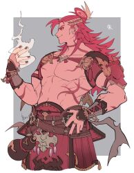 Rule 34 | 1boy, b exjo2, belt, blonde hair, closed mouth, fire, gourd, granblue fantasy, hand on own hip, long hair, looking at viewer, male focus, multicolored hair, muscular, muscular male, nail polish, red eyes, red hair, smile, solo, wilnas (granblue fantasy)