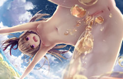 Rule 34 | 1girl, 3:, all fours, anus, ass, bad id, bad pixiv id, blue sky, breasts, brown hair, cloud, cloudy sky, day, dutch angle, female pubic hair, hair ribbon, highres, long hair, looking at viewer, missile228, nipples, nude, ocean, one side up, open mouth, original, outdoors, pee, peeing, peeing on viewer, pubic hair, purple eyes, purple ribbon, pussy, ribbon, sky, small breasts, solo, uncensored, water, water drop