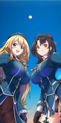 Rule 34 | 2girls, :d, absurdres, atago (kancolle), beret, black gloves, black hair, black panties, blonde hair, blue eyes, blue headwear, blush, breasts, breasts day, frilled sleeves, frills, from below, garter straps, gloves, good breasts day, hand on own hip, hat, highres, kantai collection, large breasts, long hair, long sleeves, looking at viewer, military, military uniform, moke ro, multiple girls, open mouth, panties, pantyhose, red eyes, short hair, skirt, sky, smile, takao (kancolle), thigh strap, thighhighs, thighs, underwear, uniform