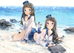 Rule 34 | 2girls, :o, absurdres, anmi, arm support, barefoot, beach, bird, black hair, blue eyes, blush, breasts, briefcase, cleavage, collarbone, dress, hat, highres, long hair, looking at viewer, lying, midriff, multiple girls, navel, ocean, on side, original, partially submerged, sailor dress, sailor hat, scan, school briefcase, skirt, smile, wet, wet clothes