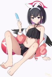Rule 34 | 1girl, absurdres, black choker, black hair, blue archive, choker, clothes pull, hairband, halo, highres, jacket, jacket pull, mashiro (blue archive), mashiro (swimsuit) (blue archive), paralier, purple eyes, red jacket, simple background, solo, swimsuit, white background, white hairband, winged halo