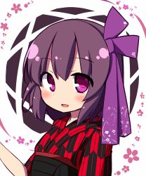 Rule 34 | 1girl, :d, blush, brown hair, commentary request, floral background, hair between eyes, hair ribbon, hand up, japanese clothes, kimono, looking at viewer, open mouth, original, print kimono, purple eyes, purple ribbon, rensei, ribbon, smile, solo, upper body, white background, yagasuri