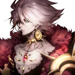 Rule 34 | 1boy, cape, chest jewel, closed mouth, collar, fate/apocrypha, fate/grand order, fate (series), fur cape, gem, gold collar, gold necklace, green eyes, grey hair, hair between eyes, highres, jewelry, karna (fate), kin mokusei, looking afar, male focus, necklace, red cape, red gemstone, short hair, simple background, solo, spiked collar, spikes, upper body, white background