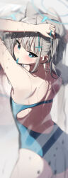 Rule 34 | 1girl, absurdres, adjusting hair, animal ears, artist name, ass, blue archive, blue eyes, blue one-piece swimsuit, commentary, competition swimsuit, cross hair ornament, grey hair, hair ornament, halo, highres, liyom, mouth hold, official alternate costume, one-piece swimsuit, shiroko (blue archive), shiroko (swimsuit) (blue archive), short hair, solo, swimsuit, wet