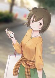 Rule 34 | 1girl, alternate costume, bag, blurry, blurry background, blush, breasts, brown eyes, brown hair, cellphone, closed mouth, collarbone, emia wang, green skirt, hair between eyes, highres, hiryuu (kancolle), holding, holding phone, jewelry, kantai collection, long sleeves, looking at viewer, medium breasts, necklace, orange sweater, outdoors, phone, ponytail, ribbed sweater, shopping bag, short hair, side ponytail, skirt, smartphone, smile, solo, standing, sweater