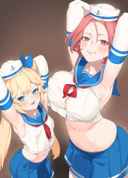 Rule 34 | 2girls, absurdres, arched back, armpits, arms behind head, blonde hair, blue eyes, blue sailor collar, blue skirt, blush, breast press, breasts, button gap, closed mouth, crop top, fortune (last origin), hair between eyes, hat, height difference, highres, jam (nandade), large breasts, last origin, long hair, midriff, miniskirt, mole, mole on armpit, multiple girls, navel, open mouth, pleated skirt, purple eyes, red hair, sailor, sailor collar, sailor hat, shirt, short hair, skirt, sleeveless, sleeveless shirt, smile, stomach, thetis (last origin), twintails, very long hair, white shirt