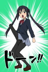 Rule 34 | 1girl, :o, bow, bowtie, chestnut mouth, egashira 2:50, full body, green background, k-on!, kore wa zombie desu ka?, long sleeves, looking at viewer, nakano azusa, pantyhose, parody, red bow, red bowtie, school uniform, simple background, speed lines, standing, twintails, watanore